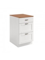 Armário bancada para cozinha com três gavetas na cor branco lavado com honey / coleção Alma